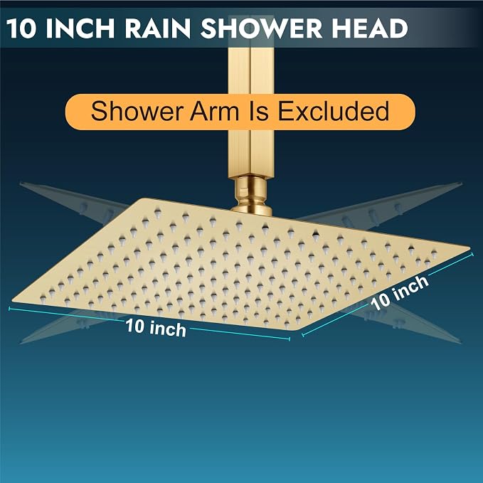 Midanya Square Rain Shower Head,High Pressure,Brushed Gold 10 Inch | 360°Swivel,Ceiling or Wall Mount,Waterfall Full Body Coverage,Bathroom Remodel,Stainless Steel Large Rainfall Shower Head
