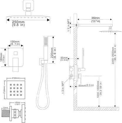 Shower Faucet Set with Body Jets 10 Inch Polished Chrome Shower Head Handheld Shower Combo Set High Pressure Wall Mount with Rough-in Valve, Polished Chrome