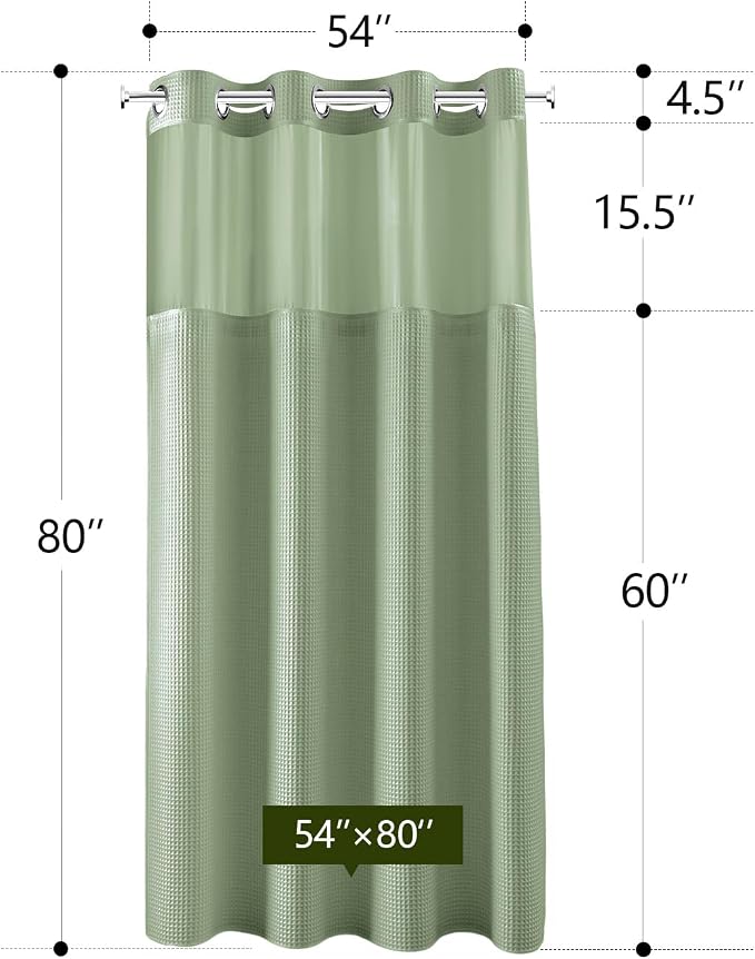 River Dream Cotton Blend Fabric Shower Curtain Set with Liner, Sage, 54x80 | Waffle Weave, No Hook Needed, with Snap in Replacement Liner, Top Sheer Window, Hotel Quality Fabric for Bathroom