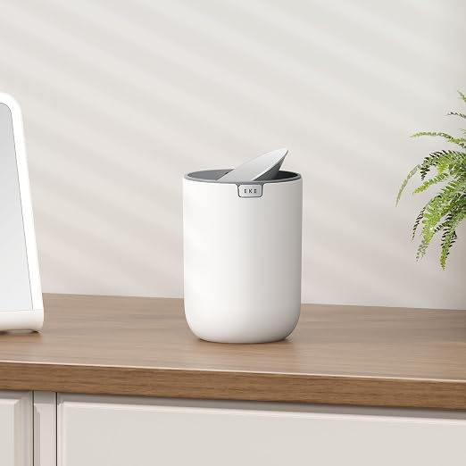 EKO Fandy 0.58 Gal/2.2L Mini Trash Can with Lid, Swing-Top Desktop Trash Can for Bathroom, Countertop, Vanity, Desk or Office, Small Garbage Bin (White) (Pack of 12)