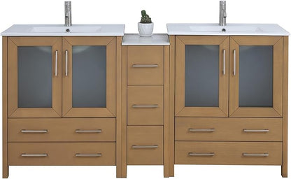 Vanity Art 72 Inch Under Mount Double Sink Bathroom Vanity Cabinet with 2 Mirrors, Ceramic Top Bathroom Cabinet Compact Set with 7 Dovetail Storage Drawers and Brushed Nickel Handles, VA3030-72-NO