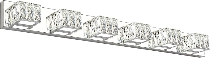 6-Light Bathroom Vanity Lights - LED Chrome Bathroom Lighting Fixtures Over Mirror - 36W Modern Vanity Lights for Bath Wall - Crystal Vanity Light Bar Cool White Light