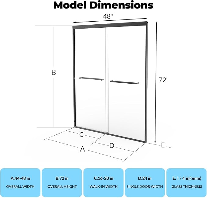 Shower Door, Frameless Shower Door 44-48" W x 72" H, Double Sliding Glass with 1/4'' (6mm) Clear Tempered Glass for Bathroom