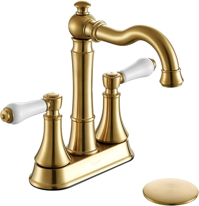 Porcelain 2-Handle Brushed Gold Bathroom Faucet 4 Inch Centerset | with Plastic Pop-up Drain, Classical Gold Bath Lavatory Vanity Faucets for 2/3 Hole Sinks, High Arc 360° Swivel Brass Spout
