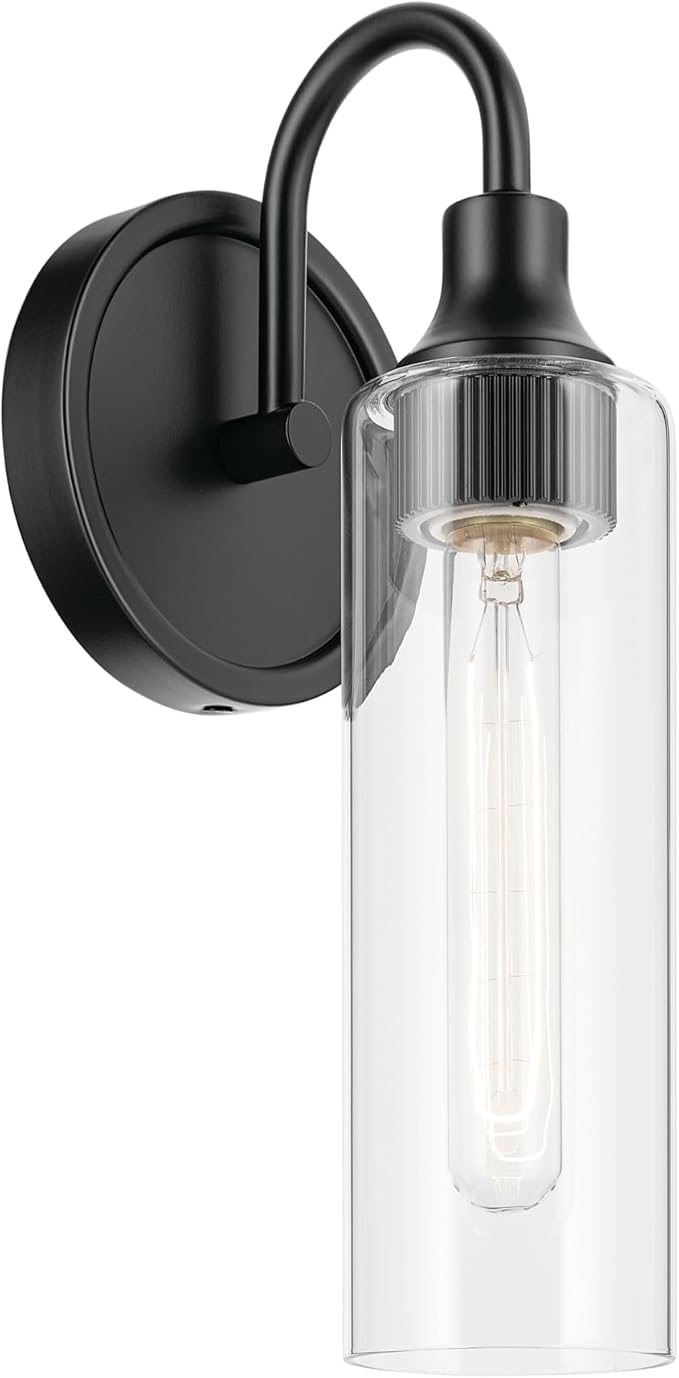 Kichler Kavi 5" 1-Light Wall Sconce with Clear Glass in Black, Damp Rated, for Bathroom, Powder Room, Kitchen, Hallway, Bedroom, Fireplace, (5" W x 13" H), 55209BK
