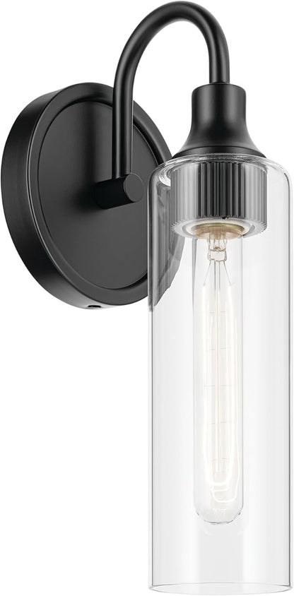 Kichler Kavi 5" 1-Light Wall Sconce with Clear Glass in Black, Damp Rated, for Bathroom, Powder Room, Kitchen, Hallway, Bedroom, Fireplace, (5" W x 13" H), 55209BK