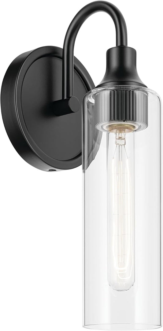 Kichler Kavi 5" 1-Light Wall Sconce with Clear Glass in Black, Damp Rated, for Bathroom, Powder Room, Kitchen, Hallway, Bedroom, Fireplace, (5" W x 13" H), 55209BK
