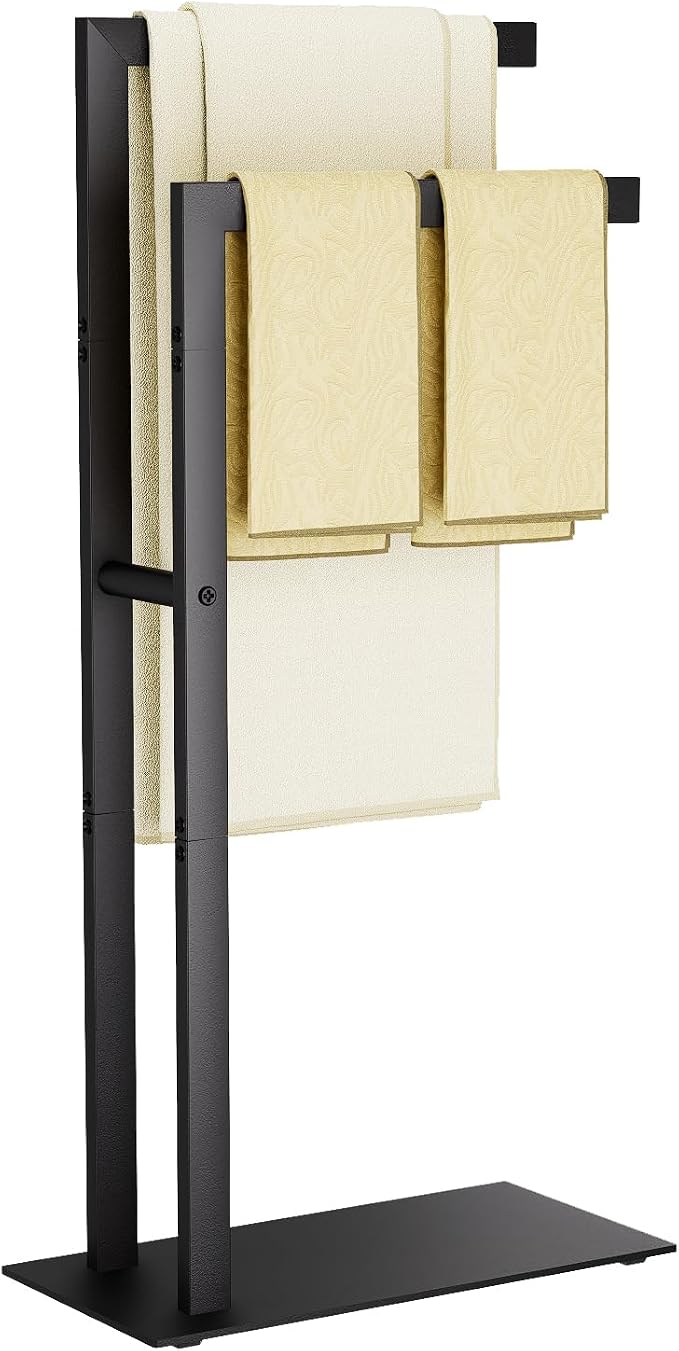 Yawinhe Free Standing Towel Rack,2 Tier Blanket Holder with Shelf,Black | Towel Drying Rack with Marble Base;Tall Towel Drying Rack Outdoor; Metal Towel Stand for Bathrooms;Hand Holder for Bathroom