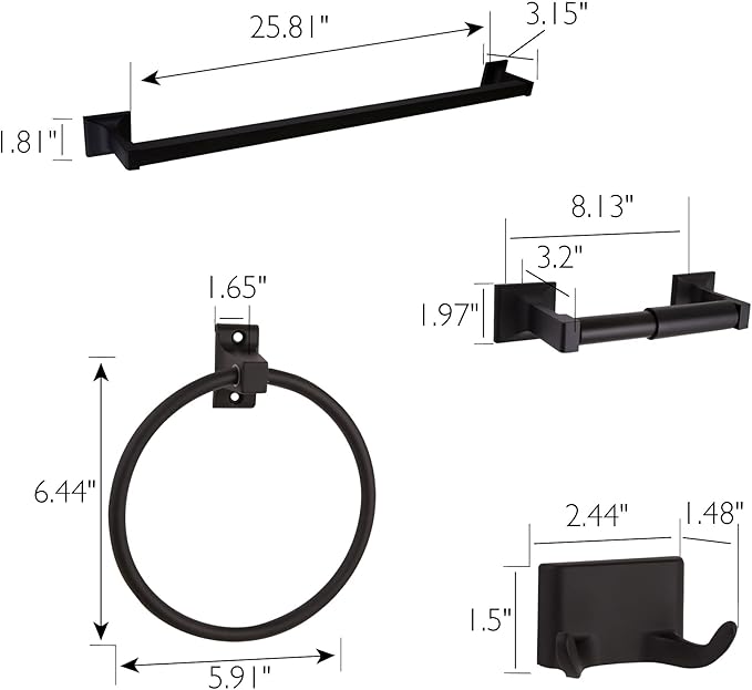 Design House Millbridge 4-Piece Bathroom Accessory Set, Matte Black, Includes Towel Bar, Towel Ring, Toilet Paper Holder, and Robe Hook – Design House, 534628