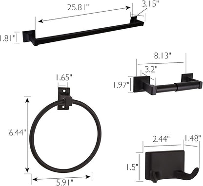 Design House Millbridge 4-Piece Bathroom Accessory Set, Matte Black, Includes Towel Bar, Towel Ring, Toilet Paper Holder, and Robe Hook – Design House, 534628