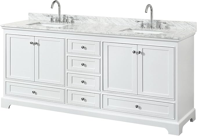 Wyndham Collection Deborah 80 inch Double Bathroom Vanity in White, White Carrara Marble Countertop, Undermount Square Sinks, and No Mirror