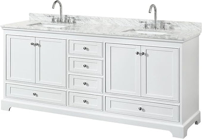 Wyndham Collection Deborah 80 inch Double Bathroom Vanity in White, White Carrara Marble Countertop, Undermount Square Sinks, and No Mirror