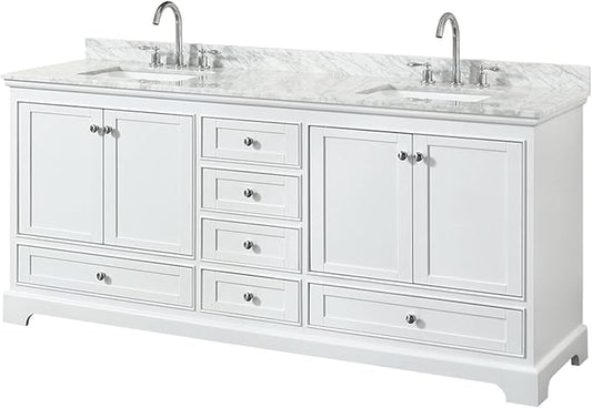 Wyndham Collection Deborah 80 inch Double Bathroom Vanity in White, White Carrara Marble Countertop, Undermount Square Sinks, and No Mirror