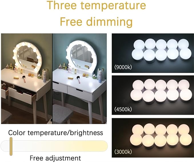 LED Vanity Lights for Mirror, Hollywood Style Vanity Lights with 10 Dimmable Bulbs, Adjustable Color & Brightness, USB Cable, Mirror Lights Stick on for Makeup Table Dressing Room (12 Lights)