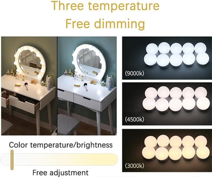 LED Vanity Lights for Mirror, Hollywood Style Vanity Lights with 10 Dimmable Bulbs, Adjustable Color & Brightness, USB Cable, Mirror Lights Stick on for Makeup Table Dressing Room (12 Lights)