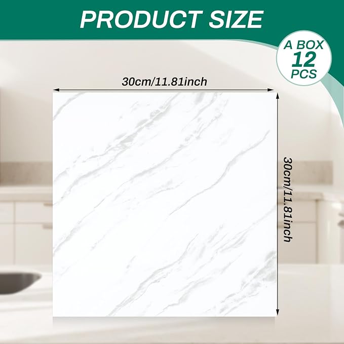 Peel and Stick White PVC Wall Panels for Backsplash 11.8" x 11.8", 12-Pack | Marble Look Tiles, Waterproof, Heat Resistant, Oil-resistant, Renter Friendly for Kitchen, Laundry, Bathroom (Not for Floor)