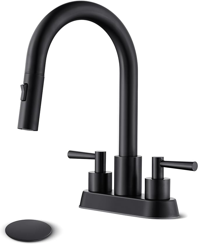 Bathroom Sink Faucet with Pull Out Sprayer 2 Handles, Matte Black Pull Down Bathroom Faucet 3 Holes, 4 Inch Black Faucet Bathroom, 360 Degree Swivel Spout, Pop Up Drain Assembly Included