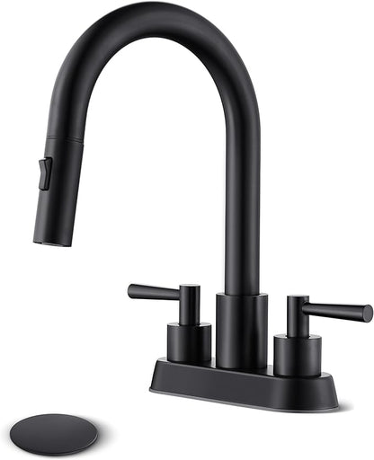 Bathroom Sink Faucet with Pull Out Sprayer 2 Handles, Matte Black Pull Down Bathroom Faucet 3 Holes, 4 Inch Black Faucet Bathroom, 360 Degree Swivel Spout, Pop Up Drain Assembly Included