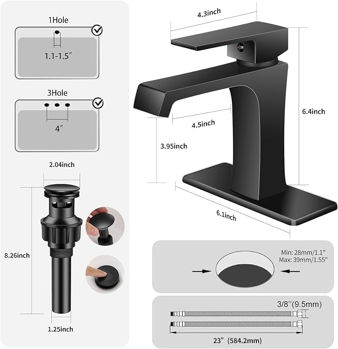 Waterfall Bathroom Faucet Black Bathroom Sink Faucet, Modern Single Hole Bathroom Faucet, Single Handle RV Sink Vanity Faucet—Includes Pop-Up Drain, Suitable for 1-Hole or 3-Hole