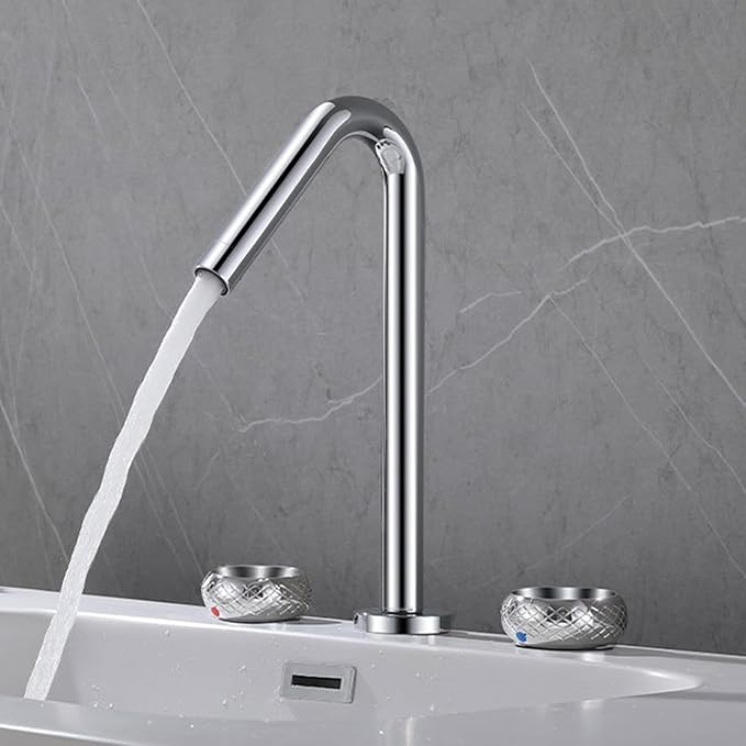 3 Hole Basin Mixer Faucet Brass 3 Hole Bathroom Faucets Double Handle-Grey