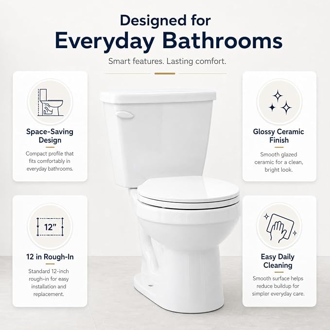 Space Saving 15 Inch Round Front Two Piece Toilet, Compact Side Flush White Ceramic Commode for Small Bathroom, 1.28 GPF Siphonic Flush, Soft Close Seat, cUPC, 12 Inch Rough-In