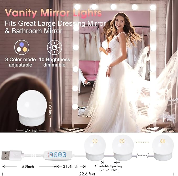LED Vanity Mirror Lights,Hollywood Style,14 Bulbs Makeup Light | Stick On for Dresser Mirror,3 Color Lighting & Dimmable,Bright,No Drill,USB 5V,Power Off Memory,High CRI Shadow-Free