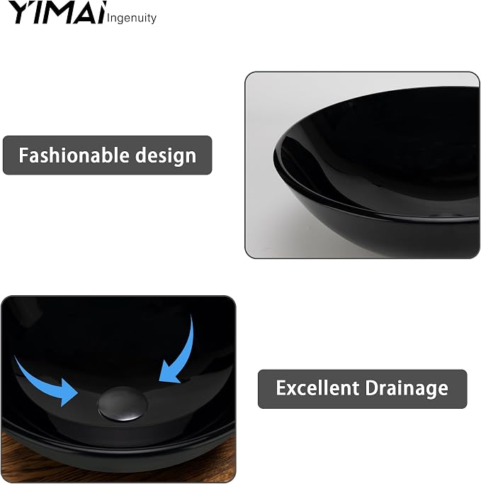 YIMAI Black Glass Vessel Sink 16.5" x 16.5" x 5.5" – Tempered Glass Above Counter Round Bathroom Sink Bowl Countertop Modern Sinks with Faucet and Drain Combo, Easy Install for Master or Powder Room
