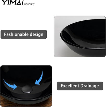 YIMAI Black Glass Vessel Sink 16.5" x 16.5" x 5.5" – Tempered Glass Above Counter Round Bathroom Sink Bowl Countertop Modern Sinks with Faucet and Drain Combo, Easy Install for Master or Powder Room