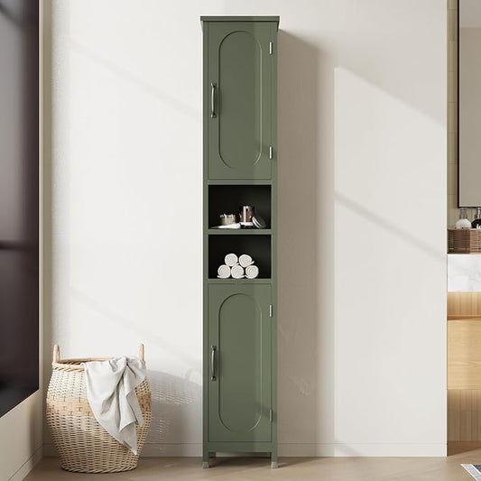67" Tall Bathroom Storage Cabinet with Lights, Slim Narrow Bathroom Cabinet Organizer with Doors and Adjustable Shelves, Tall Cabinet for Small Space (66.9" Tall-Green with Light)