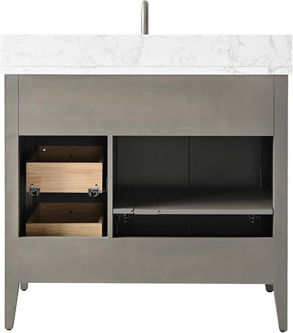 Vanity Art 36 inch Bathroom Vanity with Single Sink & Ceramic Top, Vanity Cabinet with Soft-Closing Door, Solid Wood Frame, Linear Pattern, Driftwood Gray, Golden Brushed Handware VA9136-DG-GB
