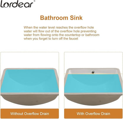 Lordear Undermount Bathroom Sink 18x14 Inch White Rectangle Porcelain Ceramic Vessel Sinks Deep Basin with Overflow Lavatory Vanity Sink Mounted Under the Counter