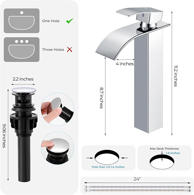 Chrome Bathroom Faucets, Tall Waterfall Bathroom Sink Faucet Modern Single Handle Bathroom Faucte 1 Hole, Tall Spout Vessel Faucet Mixer Tap Washbasin Faucet with Pop-up Drain, Supply Hoses
