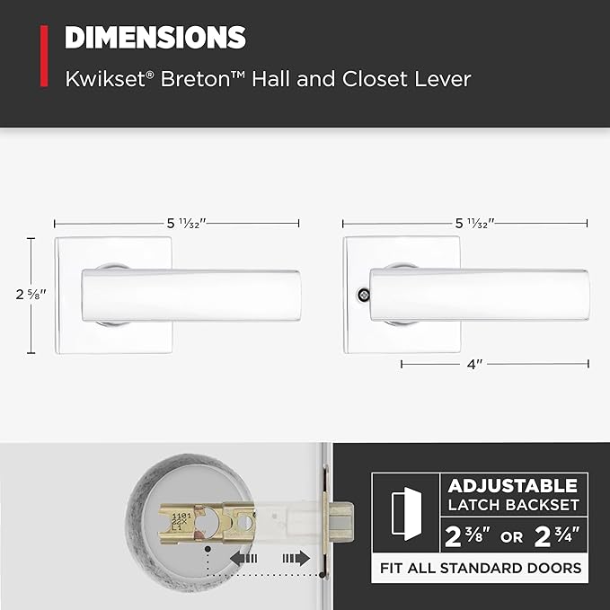 Kwikset Breton Interior Passage Door Handle, Lever For Closet and Hallway Doors, Reversible Non-Locking Handle Lever, Polished Chrome