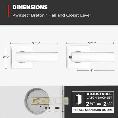 Kwikset Breton Interior Passage Door Handle, Lever For Closet and Hallway Doors, Reversible Non-Locking Handle Lever, Polished Chrome