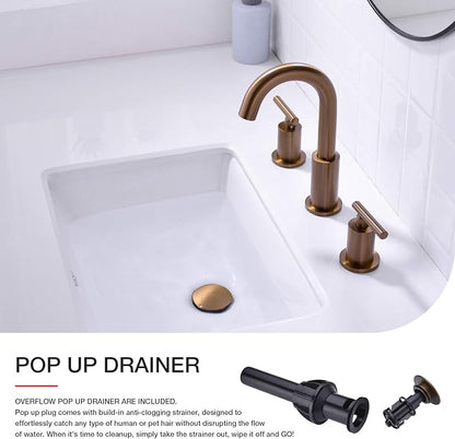 TRUSTMI 2 Handle 8 Inch Widespread Bathroom Sink Faucet with Overflow Pop Up Drain Assembly 3 Piece Brown Bronze Vanity Tap with cUPC Water Supply Lines, Brass, Brushed Rose Gold