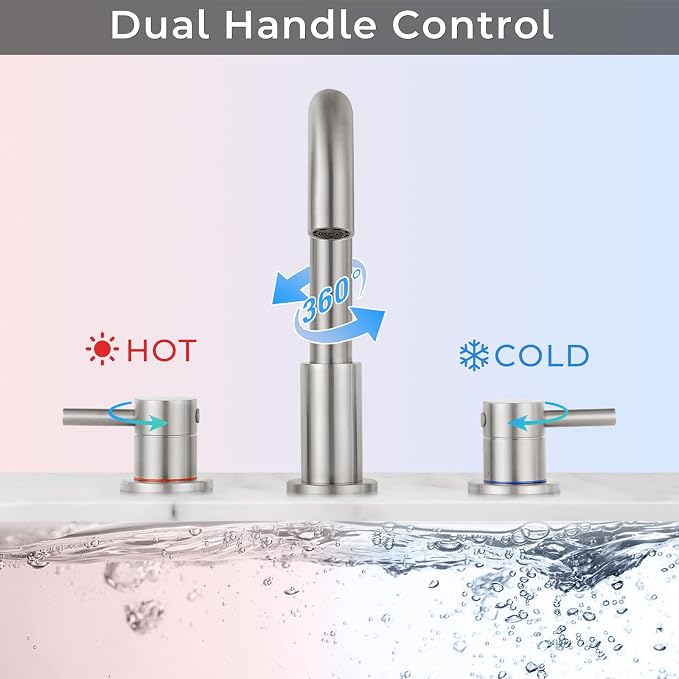 Nickel 8 Inch Widespread Bathroom Faucet 3 Hole with Pop-up Drain | 2 Handle, 8 Inch 3 Hole Sink, 360° Swivel Spout, RV Vanity, Quick Connect, Supply Hoses, NSF372 NSF61 cUPC