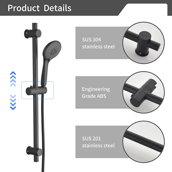 Taplong 26" Shower Slide Bar with 3-Spray Handheld Shower Head, Shower Faucets Sets Complete Wall Mount Shower Valve and Trim Kit with Long Hose and Height Adjustable Spray Holder, Matte Black,06161B