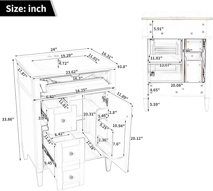 Merax 24 Inch Bathroom Vanity with Ceramic Sink, Solid Wood Frame Modern Bathroom Sink Storage Cabinet with 2 Drawers and a Tip-Out Drawer, Single Sink Bathroom Vanities, White