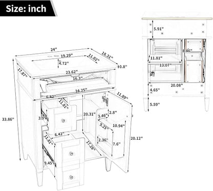 Merax 24 Inch Bathroom Vanity with Ceramic Sink, Solid Wood Frame Modern Bathroom Sink Storage Cabinet with 2 Drawers and a Tip-Out Drawer, Single Sink Bathroom Vanities, White