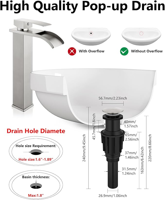 Vessel Sink Faucet Waterfall Tall Bathroom Faucet Single Handle,Single Hole Lavatory Vanity Mixer Tap with Pop Up Drain and Supply Lines,Brushed Nickel