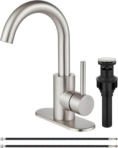 Midanya Single Hole Bathroom Faucet 1 Hole Bar Sink Faucet Suitable for Kitchen RV Vanity,304 Stainless Steel 360° Swivel Spout with Deck Plate and Pop-up Drain,Brushed Nickel