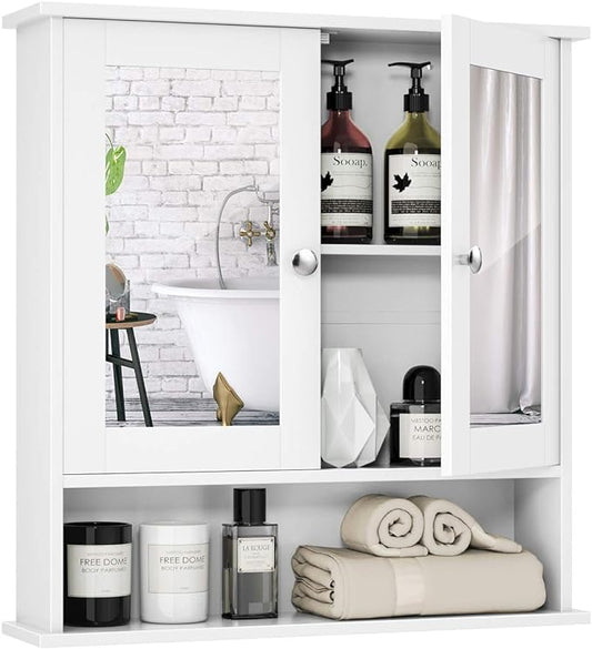 Tangkula Bathroom Medicine Cabinet with Mirror, Wall Mounted Wooden Hanging Organizer with Doors and Shelves, Bathroom Wall Mirror Cabinet (Mirror Doors, White)
