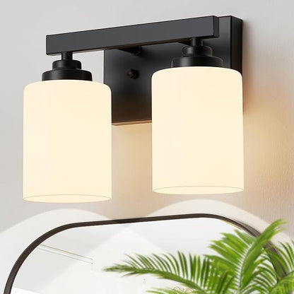 Bathroom Light Fixtures, Vanity Light Over Mirror Black 2-Light Fixture | Modern bathroom vanity light fixture with metal frame, ideal for mirrors, bedrooms and hallways. Fits E26 bulbs.