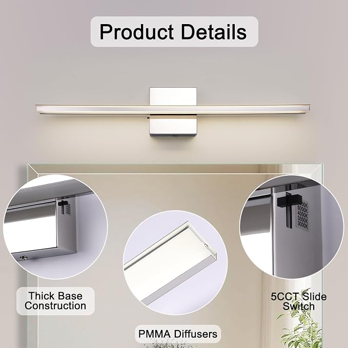 Chrome Vanity Lights for Bathroom 5CCT Dimmable Bathroom Lighting Fixtures Over Mirror Adjustable Lighting Angle Wall Light Fixtures 23.6 inch Long 18W LED Bar Light