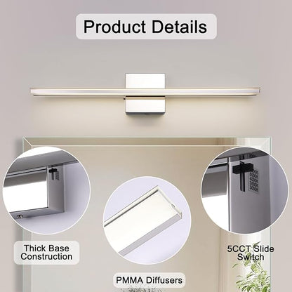 Chrome Vanity Lights for Bathroom 5CCT Dimmable Bathroom Lighting Fixtures Over Mirror Adjustable Lighting Angle Wall Light Fixtures 23.6 inch Long 18W LED Bar Light