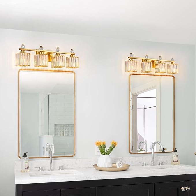 Vanity Lights 4-Light Modern Crystal Vanity Light Gold Bathroom Light Fixtures Over Mirror Crystal Bathroom Vanity Lighting Fixtures