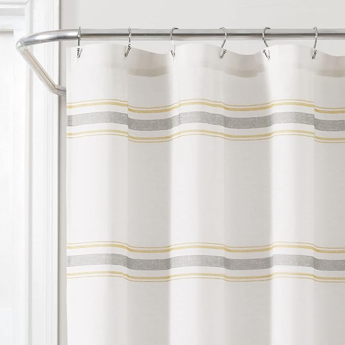 Lush Decor Farmhouse Stripe Cotton Shower Curtain, 72" W x 72" L, Yellow & Gray - Striped Bathroom Curtain - Fabric Shower Curtains - Farmhouse Bathroom Decor