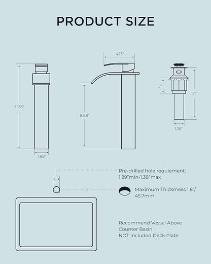 FORIOUS Waterfall Bathroom Vessel Sink Faucets with Metal Pop up Drain and Lead-Free cUPC Hose, Mate Black Single Handle Tall Bathroom Faucet 1 Hole, 11inch for Bath,Vessel