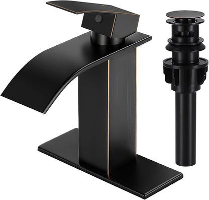 ORB Bathroom Faucets, Waterfall Bathroom Sink Faucet Modern Single Handle Bathroom Faucte 1 or 3 Hole, RV Mixer Tap Vanity Faucet - Includes Pop-up Drain Supply Hoses Deck Plate