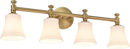 Bathroom Vanity Light Fixtures, Traditional Aged Brass 4 Lights Wall Sconce Lighting with Opal Glass Shade, Porch Wall Mount Light Fixture for Bathroom, Mirror Cabinets Hallway Stairs